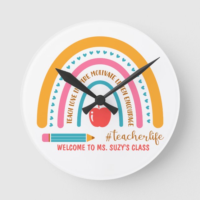 #Teacherlife Rainbow Personalised Classroom Round Clock (Front)