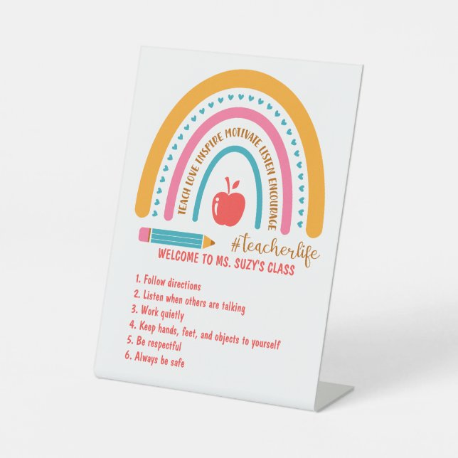 #Teacherlife Rainbow Personalised Classroom Rules Pedestal Sign (Front)
