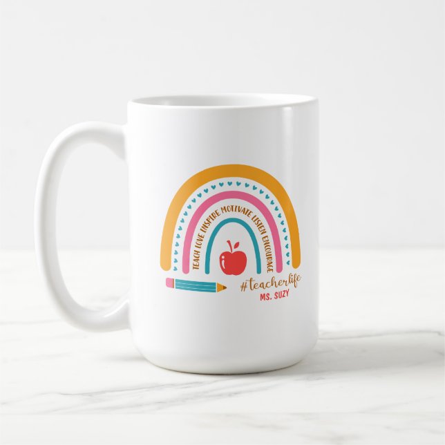 #Teacherlife Rainbow Personalised Teacher's Coffee Mug (Left)