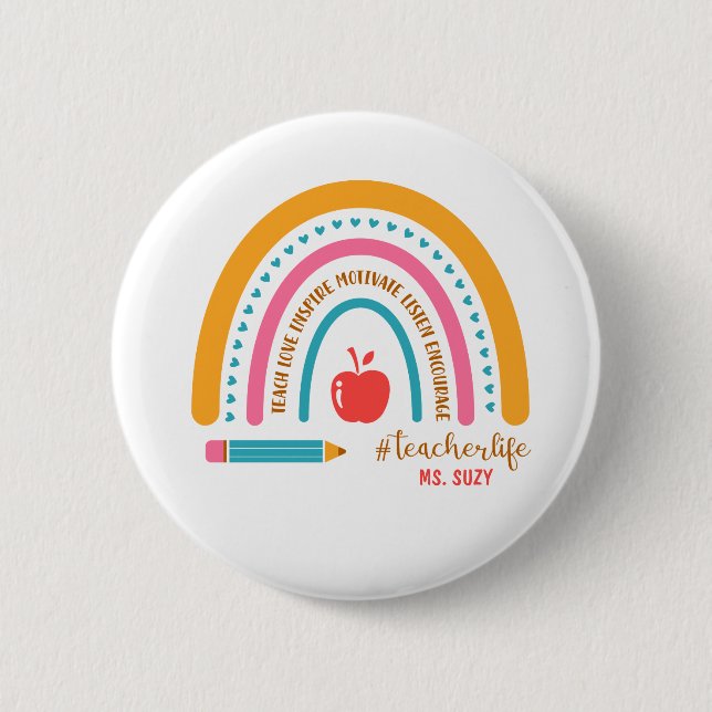 #Teacherlife Rainbow Personalised Teacher's Name 6 Cm Round Badge (Front)