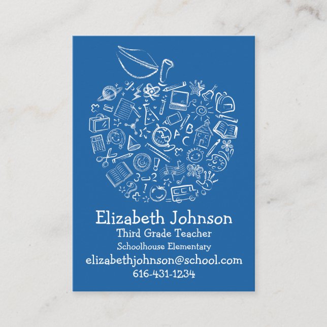 Teachers Apple Business Card- Blue Card (Front)