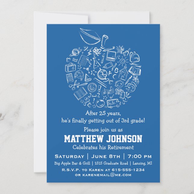 Teachers Apple Retirement Party Invitation - Blue (Front)