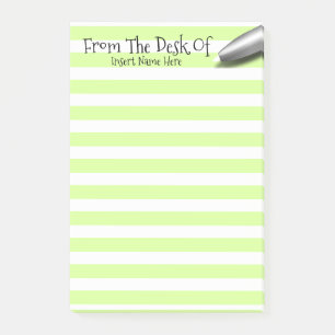 Teachers desk pen name lined green post-it notes
