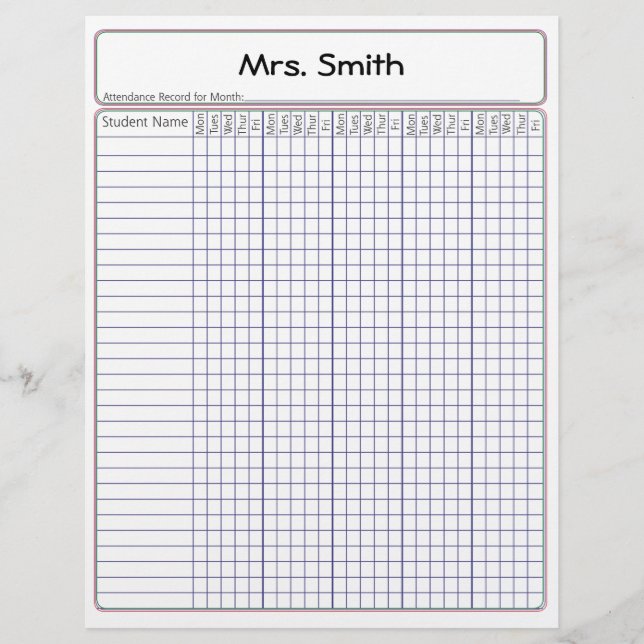 Teacher's Monthly Attendance Record (Front)