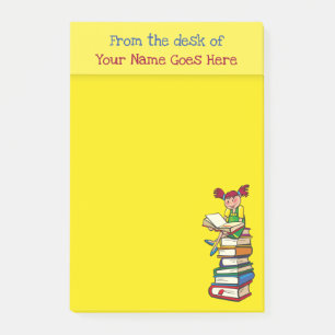 Teachers name desk note yellow books girl fun