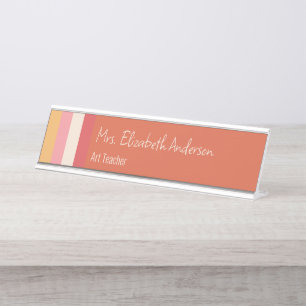 Teacher's Name Job Title Orange Pink Gold Stripes Desk Name Plate