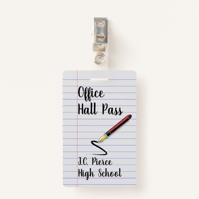 Teachers Notebook Paper School Hall Pass Badge ID Badge (Front with Clip)