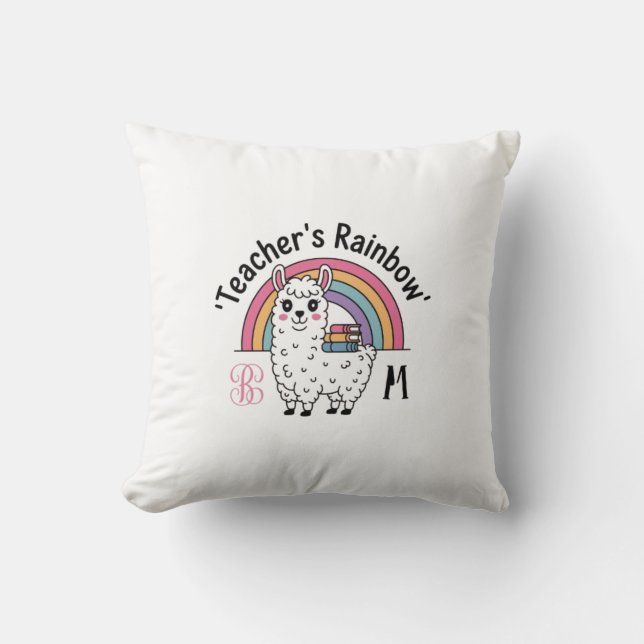 "Teacher's Rainbow" Throw Pillow – Cute Llama, Rai (Front)