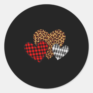 Teachers Valentines 3 Hearts Buffalo Plaid Leopard Classic Round Sticker