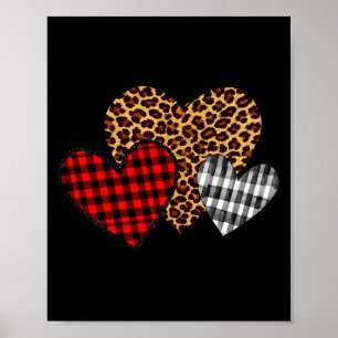 Teachers Valentines 3 Hearts Buffalo Plaid Leopard Poster