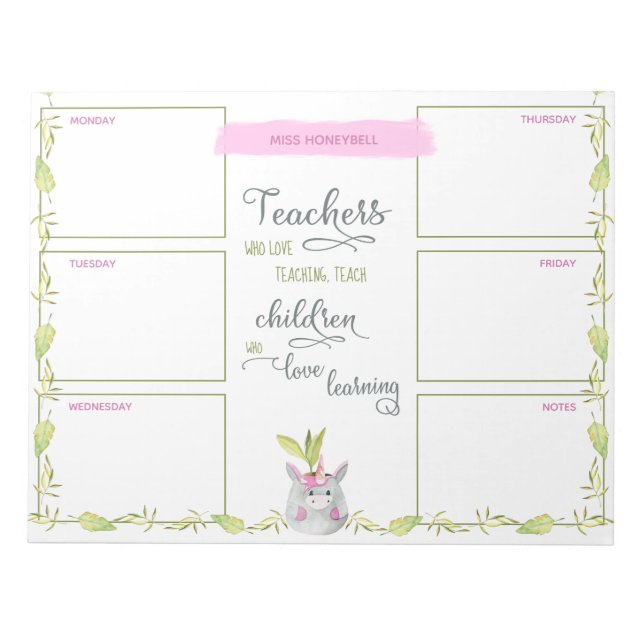 Teachers Weekly Planner Cute Unicorn Potted Plant Notepad (Front)