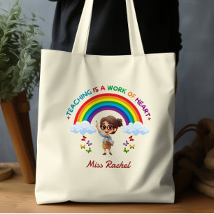 Teaching Is a Work of Heart Cute Rainbow Teacher Tote Bag
