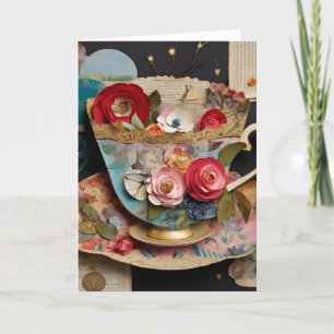 Teacup and Flowers Mixed Media Collage  Card