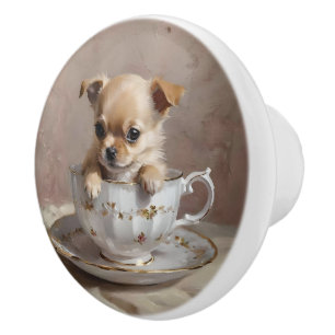 Teacup Chihuahua Puppy Oil Paint, Ceramic Knob