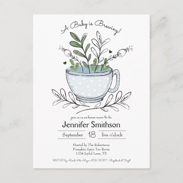 Teacup Floral Hand-drawn Tea Party Baby Shower Pos Postcard (Front)