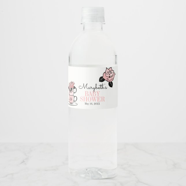 Teacup & Flowers Baby Shower Water Bottle Label (Front)
