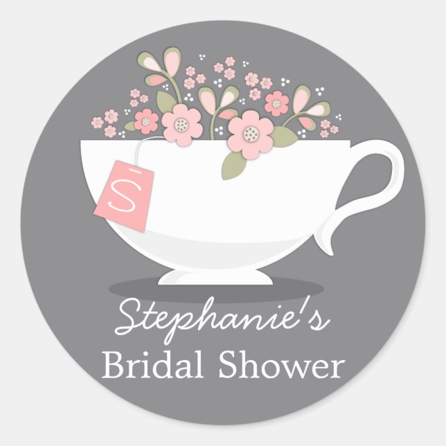 Teacup Pink Floral Monogram Bridal Shower Sticker (Front)