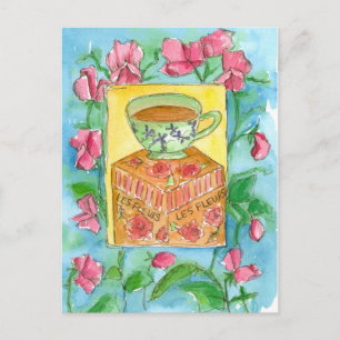Teacup Pink Sweet Peas Flowers Watercolor Postcard
