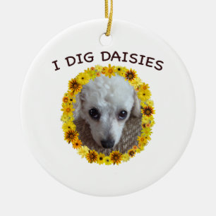 Teacup Poodle Dog Digs Daisies Ceramic Tree Decoration