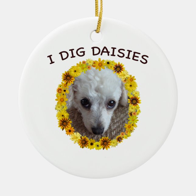 Teacup Poodle Dog Digs Daisies Ceramic Tree Decoration (Front)