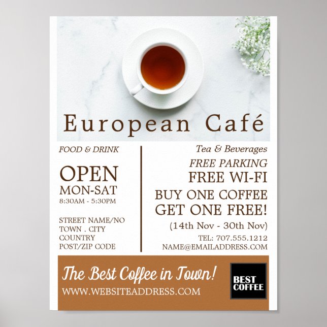 Teacup & Saucer, Barista, Café, Coffeehouse Advert Poster (Front)