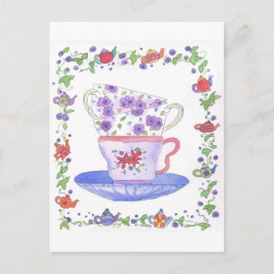 Teacup Stack Tea Time Watercolor Flowers Postcard