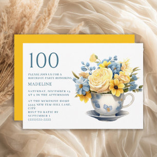 Teacup Yellow Blue Flowers 100th Birthday Invitation