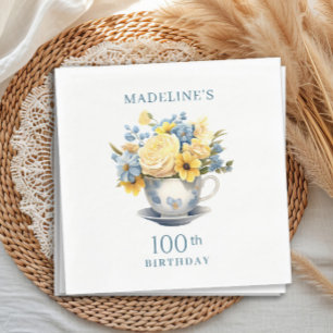 Teacup Yellow Blue Flowers 100th Birthday Napkin