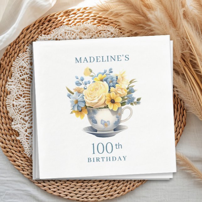 Teacup Yellow Blue Flowers 100th Birthday Napkin (Blue teacups with yellow floral birthday party paper napkins, customizable with your text)