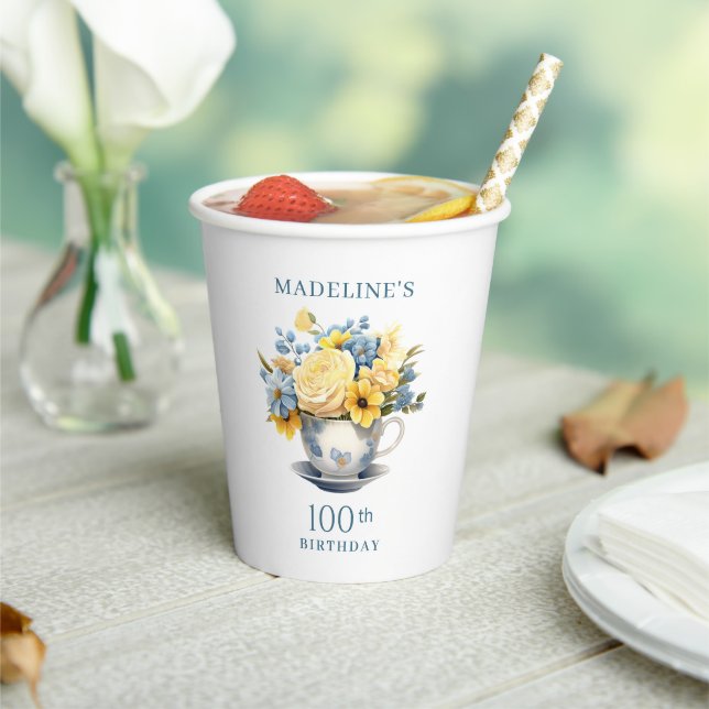 Teacup Yellow Blue Flowers 100th Birthday Paper Cups (Insitu)