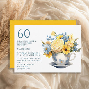 Teacup Yellow Blue Flowers 60th Birthday  Invitation