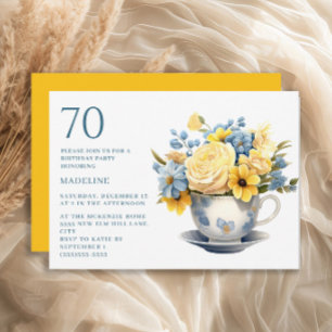 Teacup Yellow Blue Flowers 70th Birthday Invitation