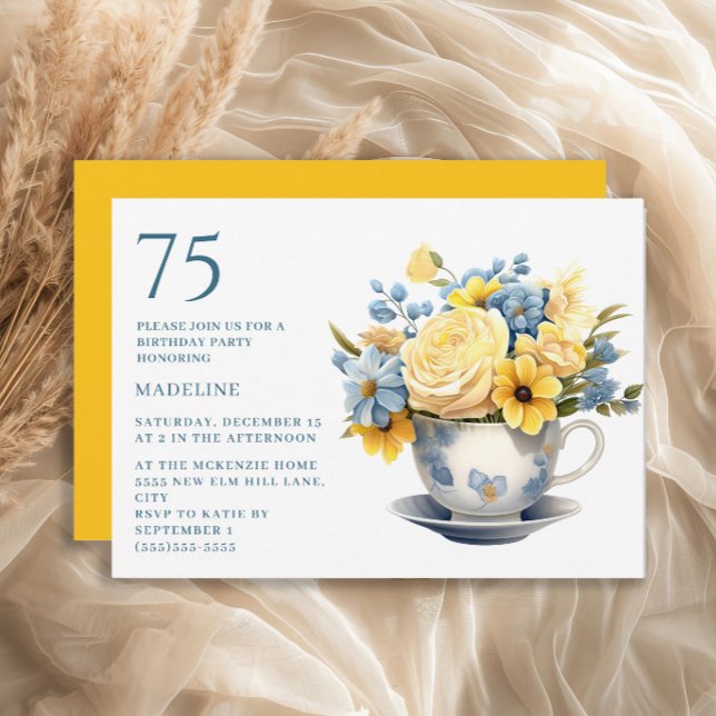 Teacup Yellow Blue Flowers 75th Birthday  Invitation (Blue teacup and yellow flowers 75th birthday invitation)