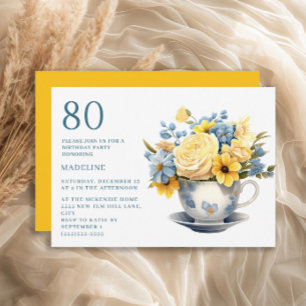Teacup Yellow Blue Flowers 80th Birthday  Invitation