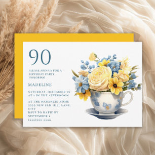 Teacup Yellow Blue Flowers 90th Birthday  Invitation