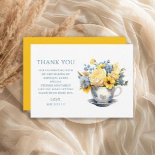 Teacup Yellow Blue Flowers Birthday Thank You Card