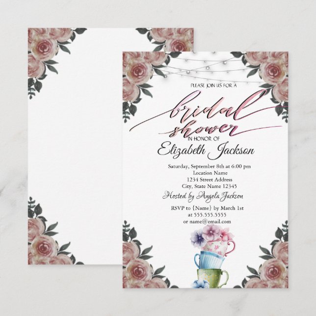 Teacups Flowers String Lights Bridal Shower Invitation (Front/Back)