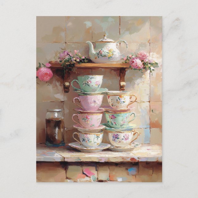 Teacups Tea Pot Set Kitchen Postcard (Front)
