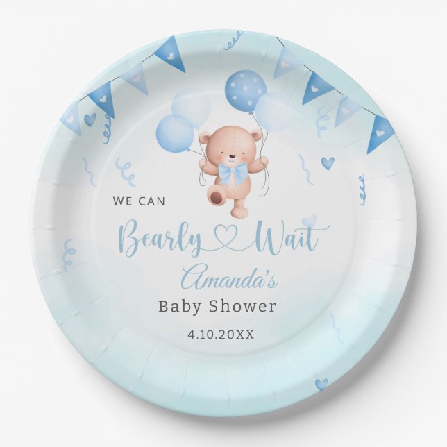  Teady Baby Bear watercolor Boho Blue Balloons Paper Plate (Front)
