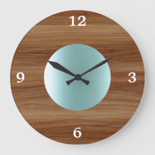 Teak look Aqua Blue modern Large Clock