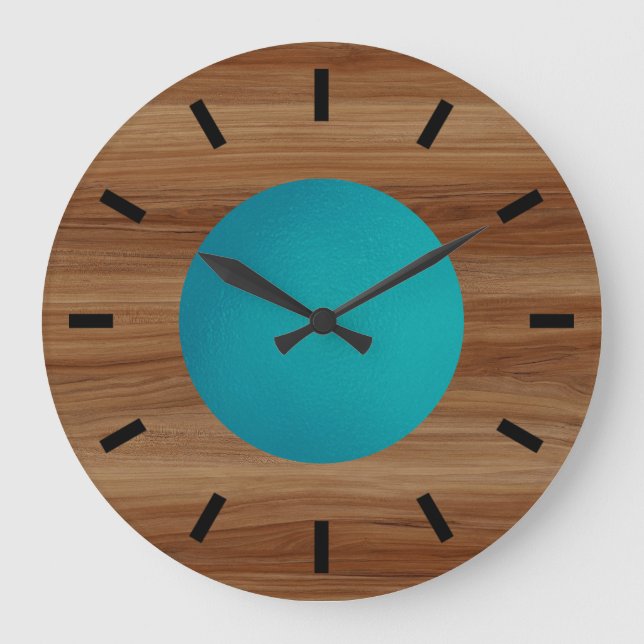 Teak look Teal Turquoise Blue modern Large  Clock (Front)