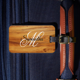 Teak Wood Image Fancy Monogram Luggage Tag