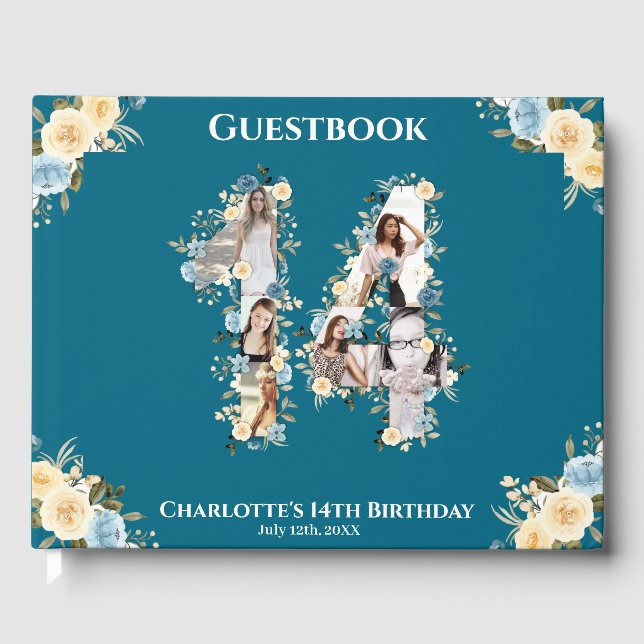 Teal 14th Birthday Photo Collage Yellow Flower Guest Book (Front)