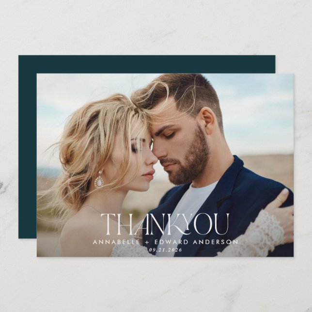 Teal 1 photo wedding thank you modern typography (Front/Back)