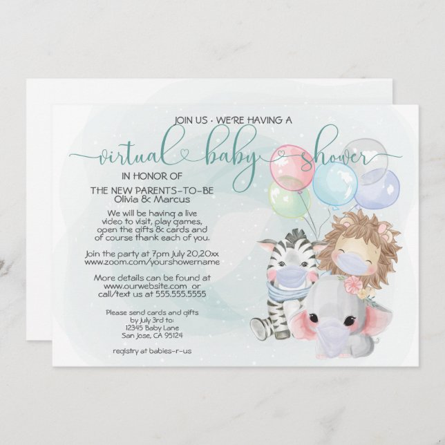 Teal 3 Cute Animals in Masks Virtual Baby Shower Invitation (Front/Back)