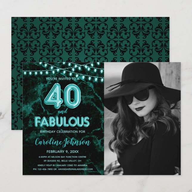 Teal 40th Birthday Party  - 40 & Fabulous Invitation (Front/Back)