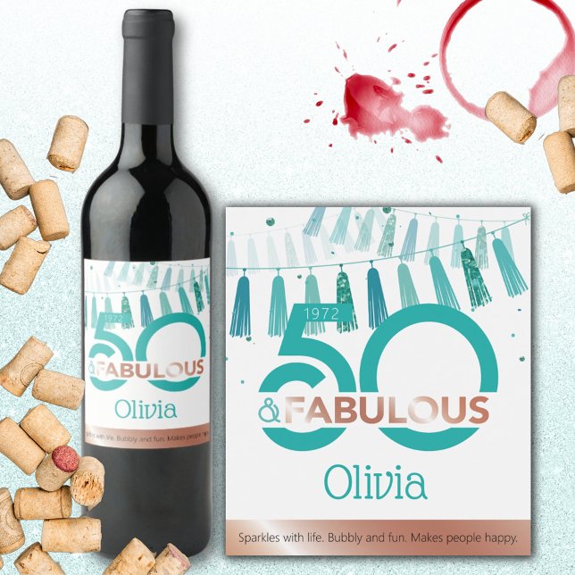 Teal 50 & Fabulous Fifty Birthday Party Wine Label (Creator Uploaded)