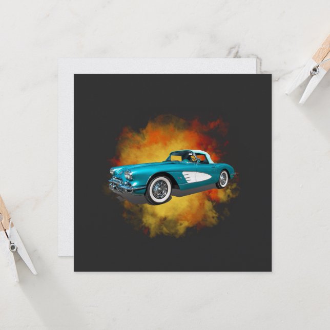 Teal 59 Corvette Car Red Explosion background Invitation (Front/Back In Situ)