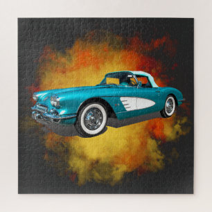 Teal 59 Corvette Car Red Explosion background Jigsaw Puzzle