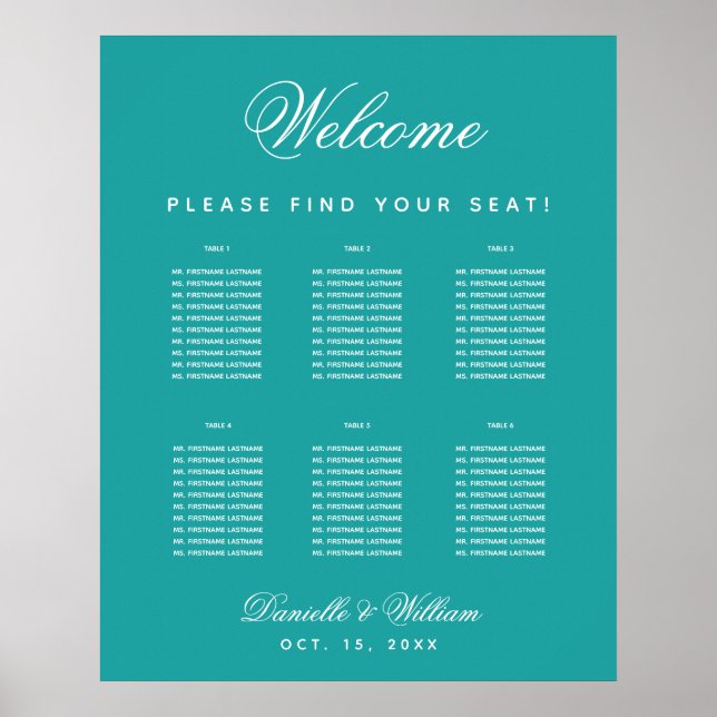 Teal 6 Table Simple Classic Wedding Seating Chart (Front)